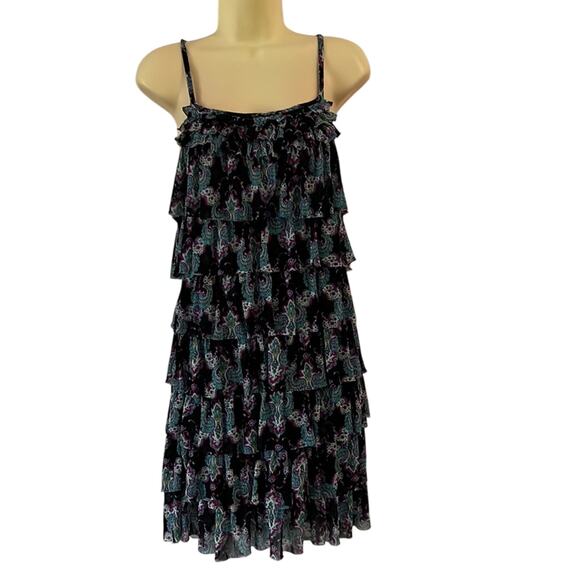 Express Paisley Print Knit Tiered Dress Woman Size Medium Flapper Ruffle Retro - Picture 1 of 10